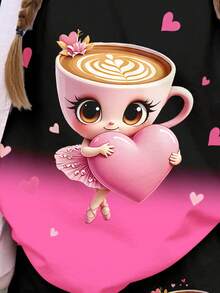 SHEIN 2pcs/Set Vintage Cute Pink Heart & Ombre Cartoon Character Print Casual Short Sleeve T-Shirt And Shorts Set, Suitable For Summer - Multicolor - View 3
