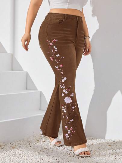 Plus Size Floral Embroidered Skinny Pocket Casual Jeans