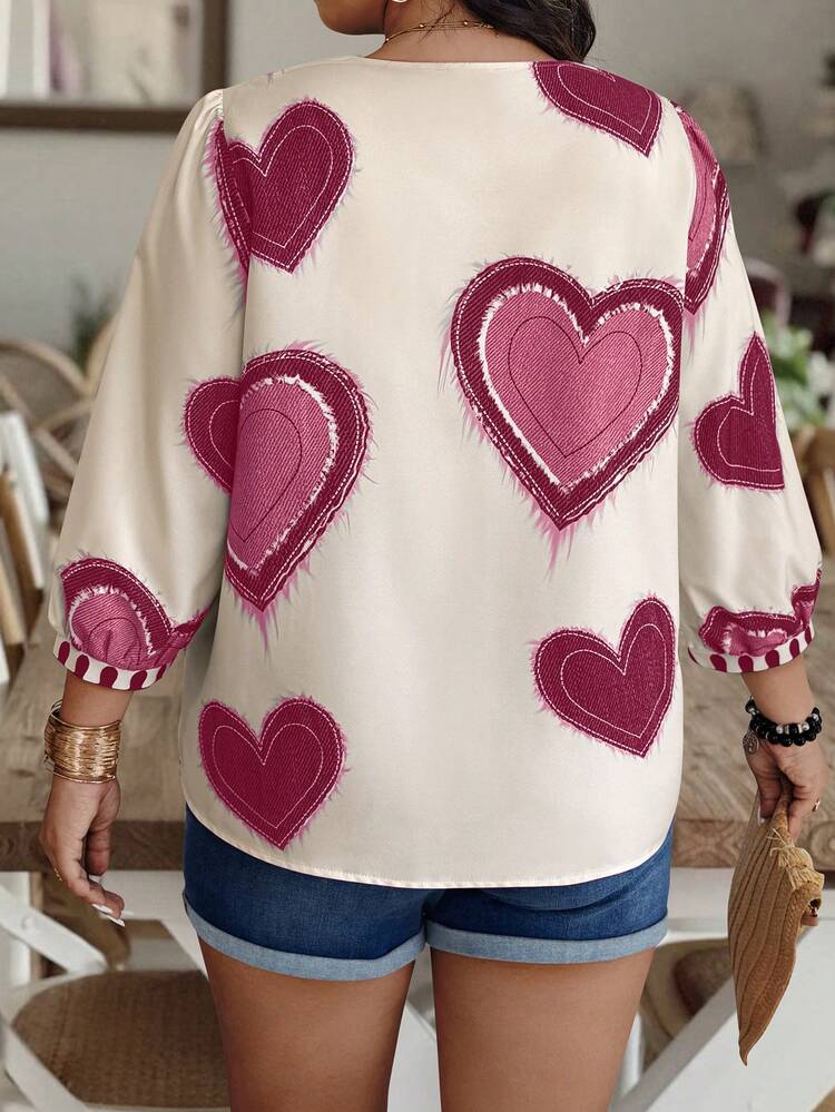 SHEIN LUNE Plus Size Women's Casual Vacation Style All-Over Heart Print V-Neck Lantern Sleeve Loose Blouse, Spring/Autumn  Day - Multicolor - View 2