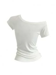 Sweetra Women's Summer Slim Fit Asymmetrical Shoulder T-Shirt, Ocean Life Hibiscus Starfish Shell Beach Basic One-Shoulder Top - White - View 2