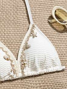 SHEIN 3件套少女黑色泳衣套装，适合海滩度假派对、春夏穿着 - 杏色 - 查看 3