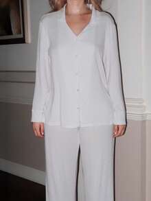 Turnttoni 休闲纯色纽扣前开襟家居服套装 白色套装 假日舒适装束 秋冬服装 - 白色 - 查看 3