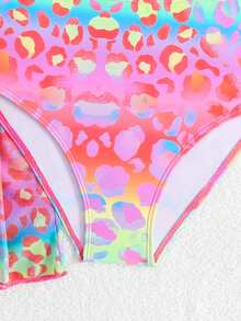 SHEIN Tween Girls' Gradient Leopard Print Hollow One-Piece Swimsuit And Drawstring Waist Kimono Cover-Up, Beach Holiday Style