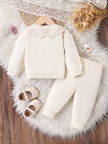 SHEIN Vintaside Kids Dziewczynki stylowy, uroczy, kwiatowy sweter z długim rękawem, kardigan i dzianinowe długie spodnie - Morela - Zobacz 2