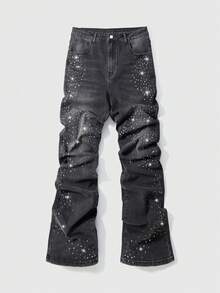 ROMWE MEN Street Life 男士水钻装饰斜插口袋休闲百搭牛仔裤 - 灰色 - 查看 1