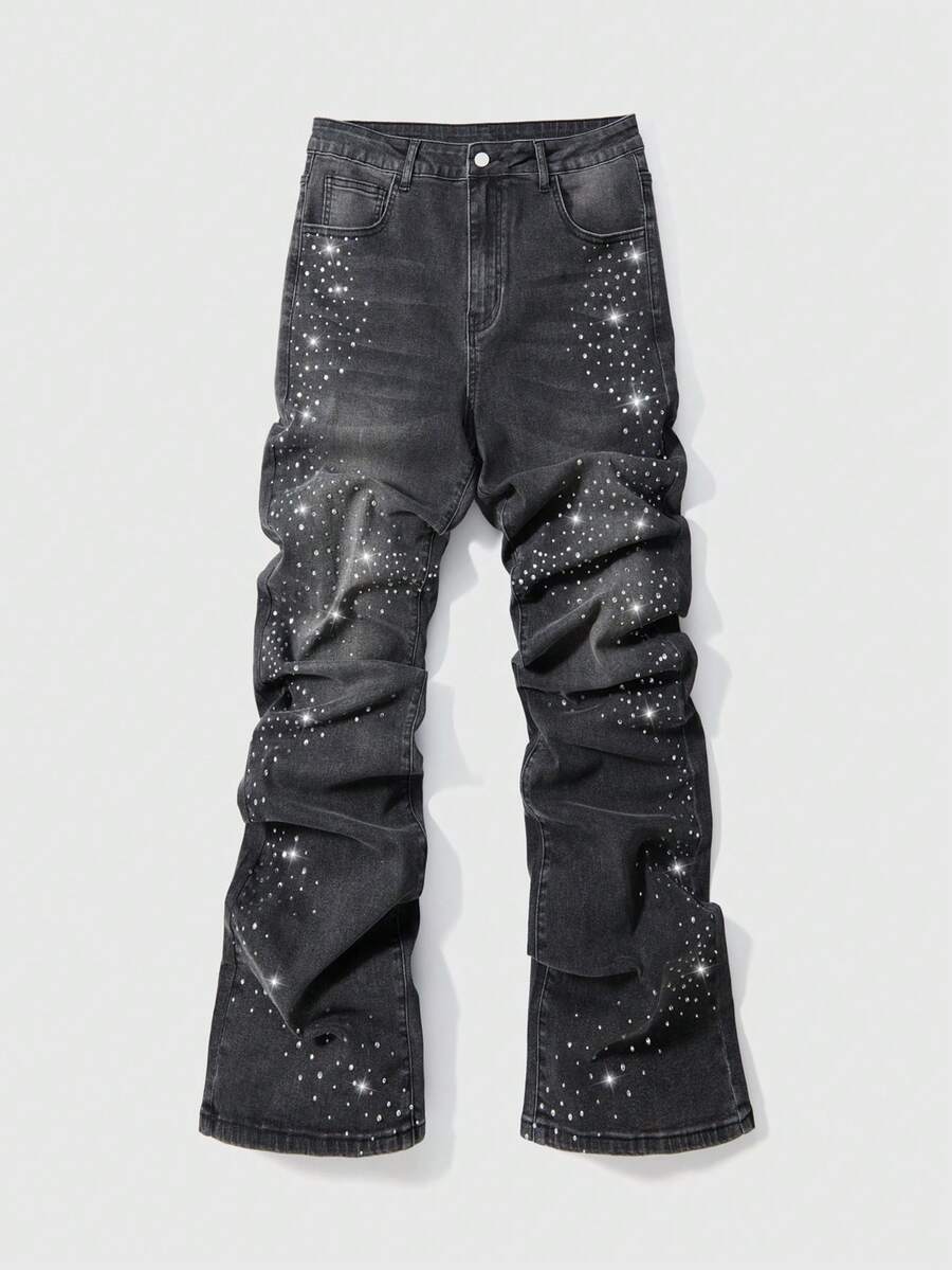 ROMWE MEN Street Life 男士水钻装饰斜插口袋休闲百搭牛仔裤 - 灰色 - 查看 1
