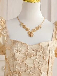 Váy dệt Jacquard thanh lịch cho bé gái tuổi teen, tay bồng, khóa kéo, màu sâm panh, thích hợp mặc hàng ngày và những dịp trang trọng - Màu Khaki - Xem 4