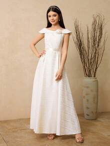 Đầm dạ hội thanh lịch dành cho thiếu nữ, bé gái dự tiệc cưới, đám cưới - Đầm trễ vai bằng vải gấm màu mơ với họa tiết hoa 3D dành cho bé gái tuổi teen, đầm kiểu công chúa với chân váy phồng dành cho các sự kiện ở trường. - Màu be - Xem 5