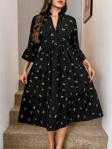 SHEIN LUNE 大码春季休闲女装夏季款 AI-Adha 优雅女士粉色碎花休闲四层娃娃裙女士魅力长裙及地连衣裙端庄长款连衣裙 - 黑色 - 查看 6
