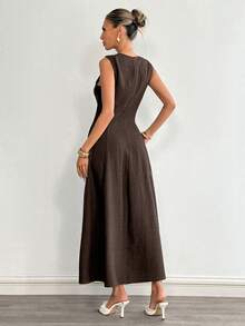 Siren Gaze 女士撞色无袖A字连衣裙 - 棕色 - 查看 2