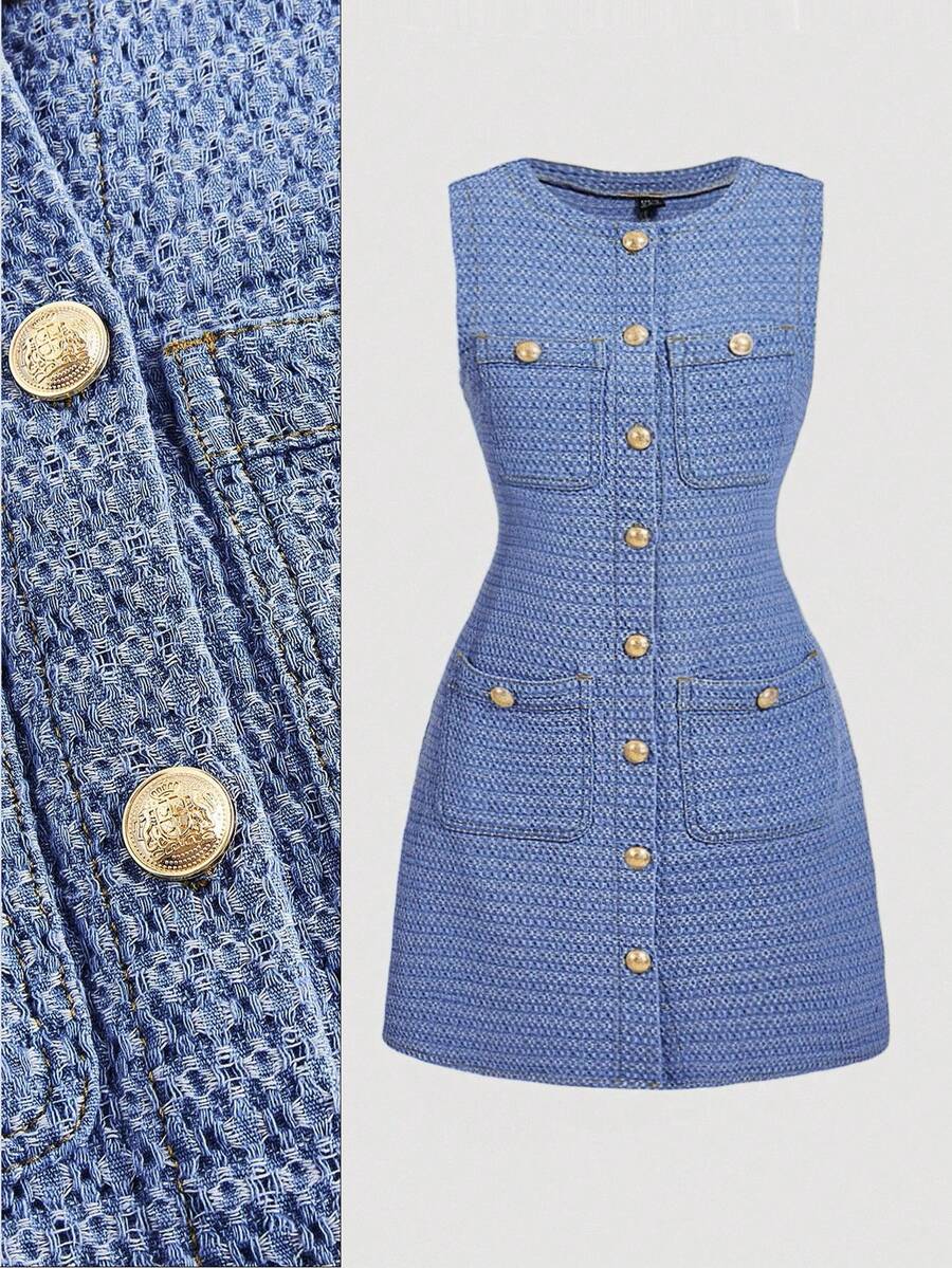 SHEIN MOD 女士圆领金属纽扣多口袋无袖休闲牛仔连衣裙 - 中等水洗藍 - 查看 1