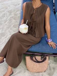 Dazy-Less Bộ đồ nữ gồm áo và chân váy xếp ly thắt nơ phía trước, kiểu dáng thường ngày, thích hợp cho mùa hè. - màu nâu - Xem 4