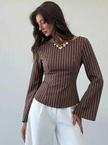 Áo kiểu nữ Aloruh Cotton kẻ sọc tay loe hở lưng, kiểu xoắn phía trước, thời trang. - màu nâu - Xem 8