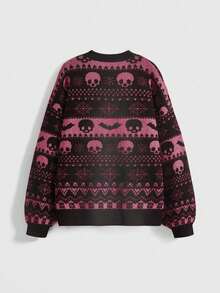 ROMWE Goth 复古深色骷髅蝙蝠提花针织女式毛衣，宽松休闲圆领套头衫，秋冬款 - 彩色 - 查看 2