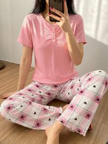 女童甜心格子睡衣套装，粉色罗纹荷叶边短袖 - 粉色 - 查看 6