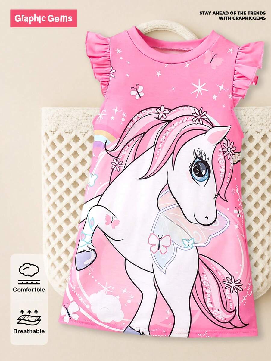 SHEIN GraphicGems 女童休闲可爱卡通独角兽短袖舒适印花T恤裙,适合户外穿着 - 粉色 - 查看 1