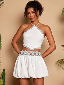 Travachic 女士露背吊带拼接上衣搭配碎花泡泡边迷你裙，时尚约会派对套装 - 白色 - 查看 4