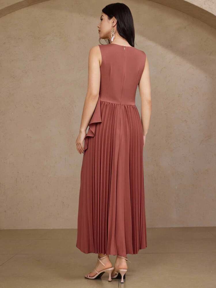 Women's Elegant Solid Color Round Neck Sleeveless Asymmetric Ruffle Pleated Dress, Summer Sundress