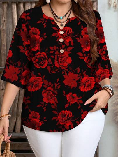 EMERY ROSE Camisa casual minimalista de talla grande con estampado floral de rosa vintage elegante, adecuada para un atuendo de cita