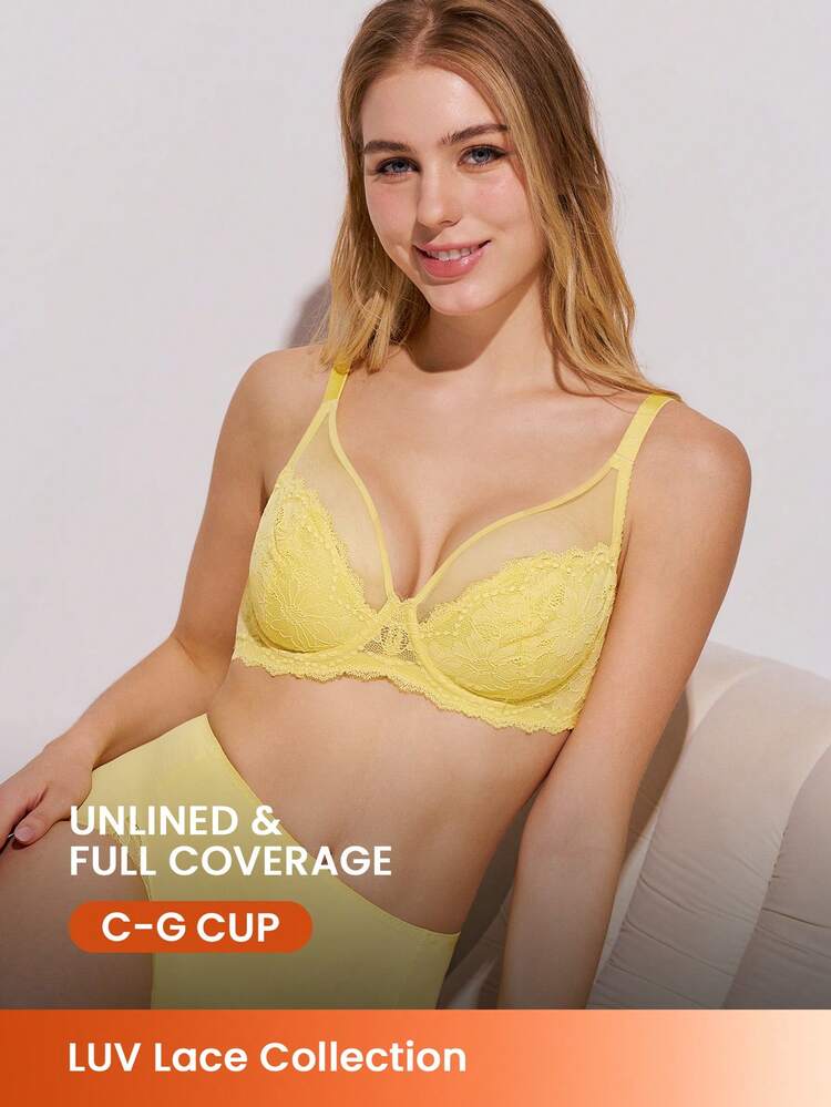 Plus Full Coverage Unlined Mesh & Lace Bra