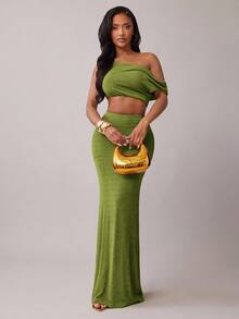 Radiana 女士性感休闲优雅绿色修身两件套：不对称露肩短款上衣和荷叶边腰部鱼尾裙，适合约会、聚会、生日、派对、节日和正式场合的正式连衣裙套装 - 綠色 - 查看 4