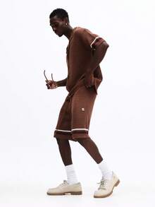 SUMWON Knit Cardigan And Shorts Co-Ord Set With Button Front Closure Cable Knit Texture White Contrast Trim Details Vacation - Coffee Brown - View 3