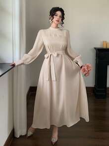 DAZY 女士优雅纯色立领系带袖腰带中长连衣裙，春夏吊带裙 - 杏色 - 查看 3