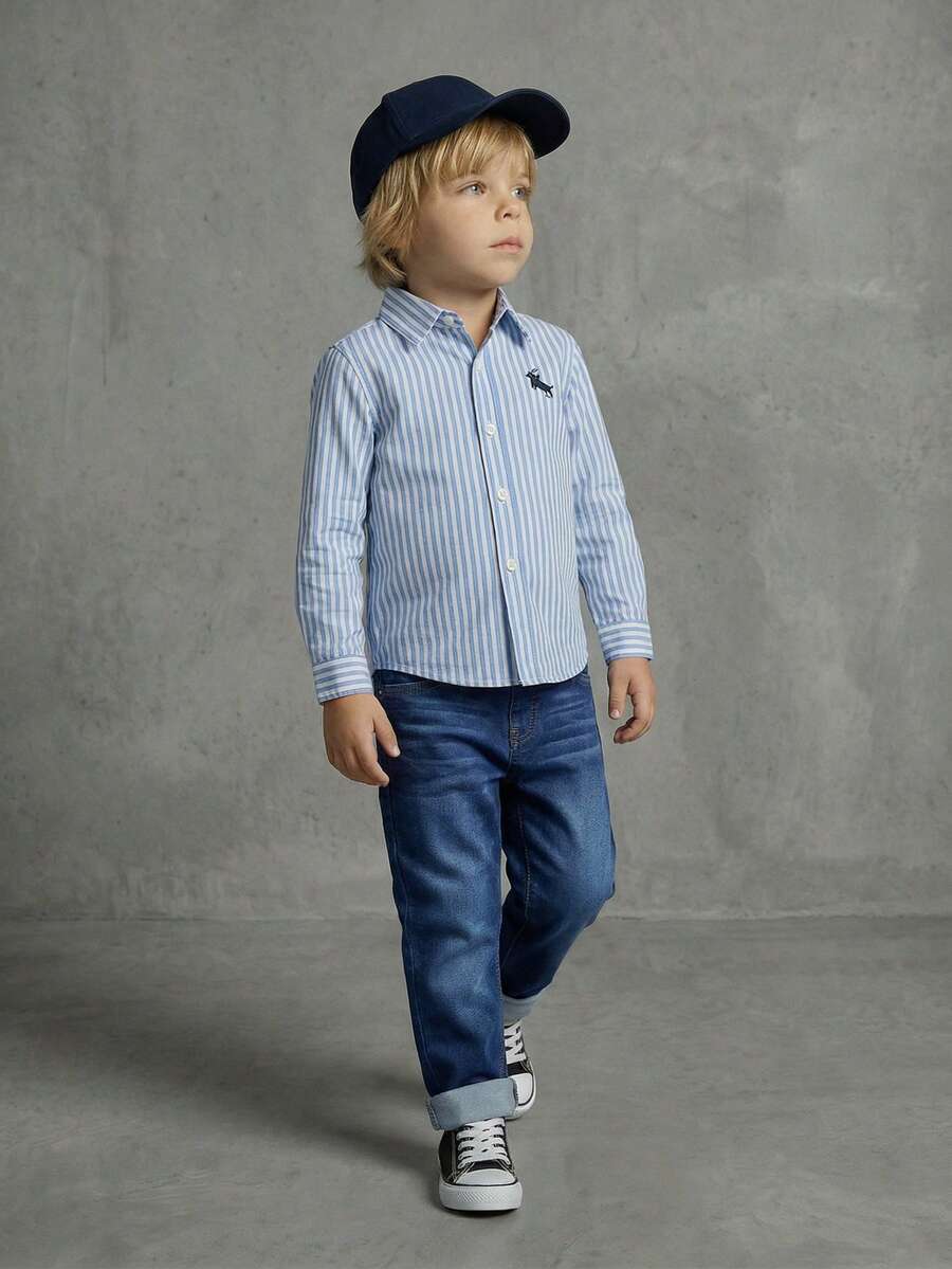 SHEIN Casuvi Kids 1套年轻男孩休闲蓝白条纹Polo领衬衫搭配深蓝色阔腿牛仔裤（开衩袖口设计），常规厚度，日常穿着，春秋季 - 藍色 - 查看 1