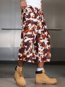 Manfinity EMRG Men's Hip-Hop Streetwear Brown Graphic Capris Straight Leg Pants Made Of Woven Fabric With Zipper Details - Brown - View 4