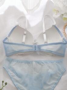 DelicateAllure 2pcs Contrast Color Floral Lace Patchwork Comfy Balconette Bra Set With Bow, Supportive & Comfortable Women Lingerie Set - Blue - View 9