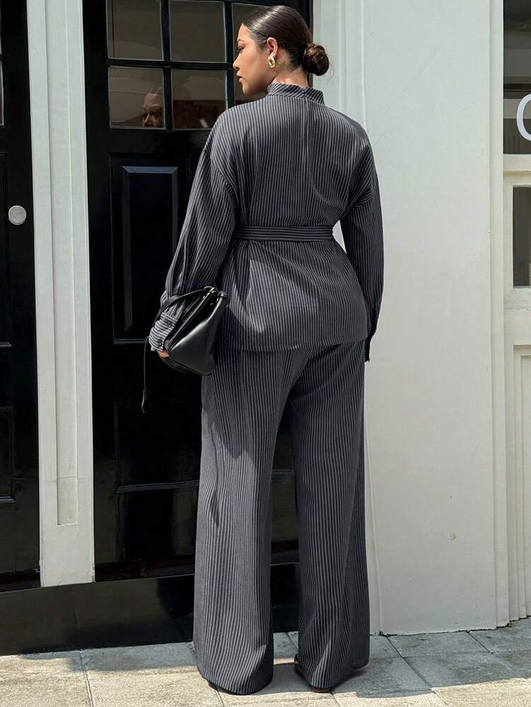 Dazy Plus 2pcs/Set Casual Striped Collared Top With Belt And Loose Straight Leg Pants, Plus Size Women Spring/Autumn - Grey - View 2