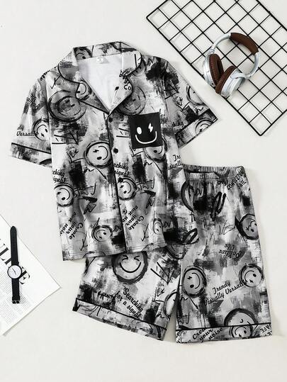 涂鸦风格笑脸图案卡通涂鸦短袖短裤睡衣套装，街头风休闲家居服，适合青少年男孩