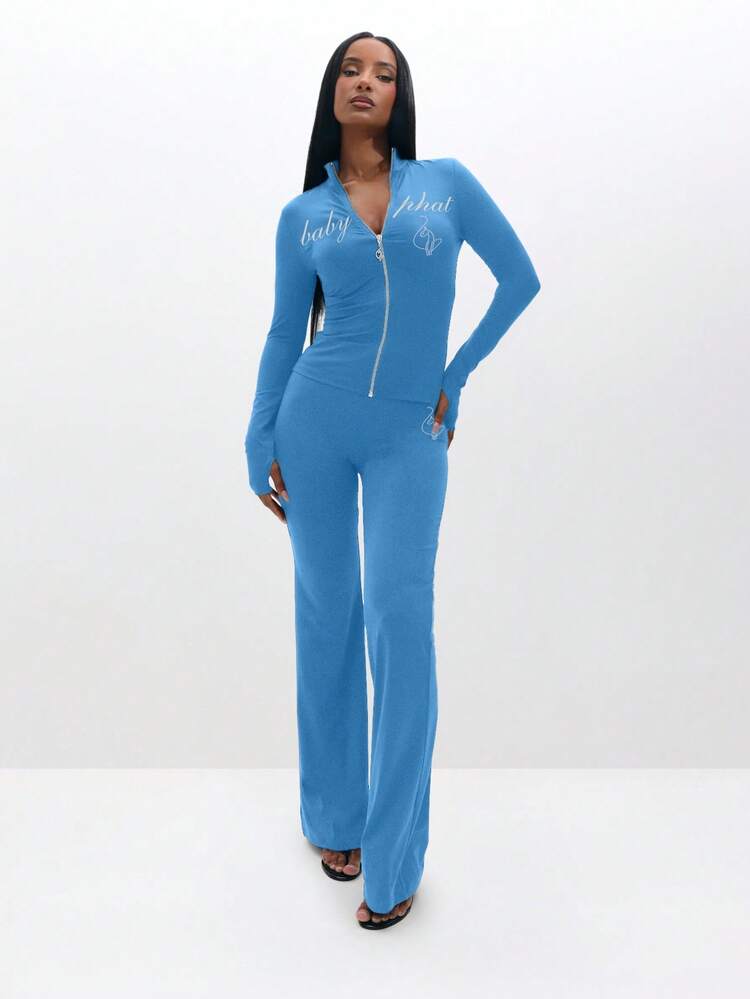 BABYPHAT Long Sleeve Zip Up Top With Script Text Print And Thumb Hole Detail For Casual Wear