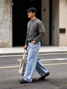 ESTAVOR Men's Graphic T-Shirt Striped Fabric Fake Two-Piece Round Neck Long-Sleeved T-Shirt - Grey - View 1