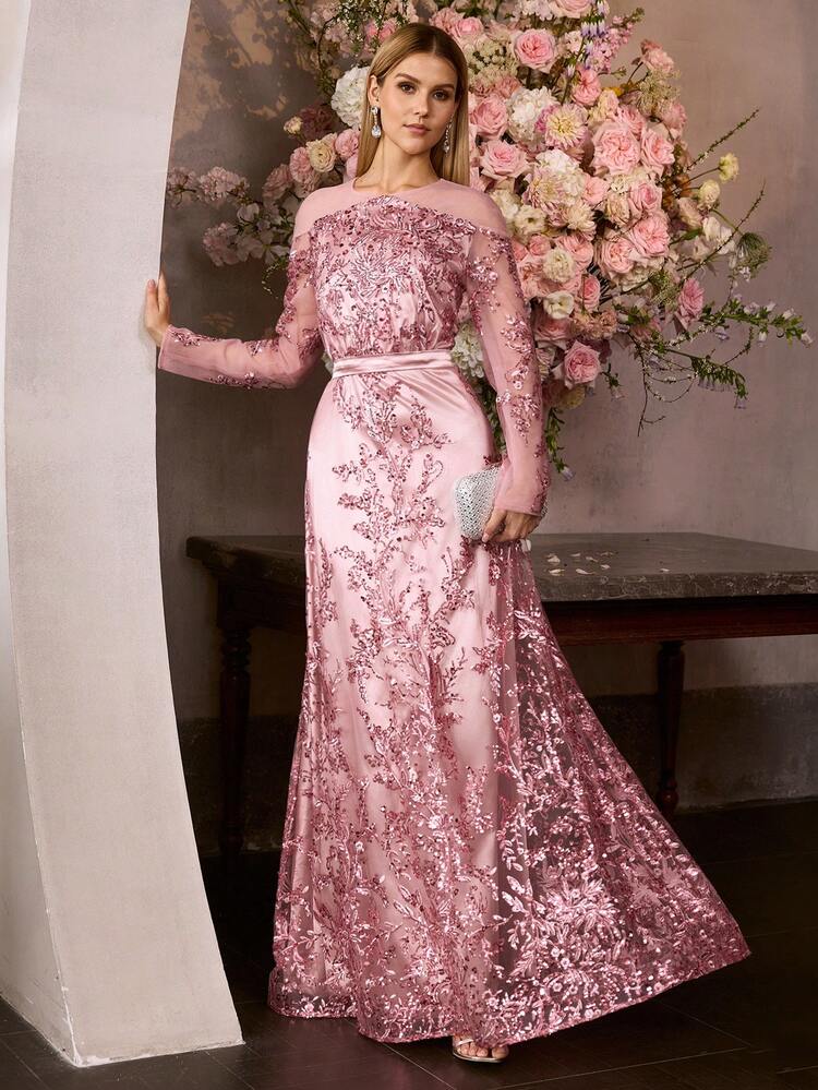 MOTF Soiréza WOMEN'S ELEGANT FORM-FITTING SOFT PASTEL MAXI PARTY GOWN WITH ROUND NECK LONG SHEER SLEEVE, SPARKLY SEQUINED EMBROIDERED UMBRELLA HEM, IDEAL FOR WEDDINGS, GALAS & DINNER PARTIES