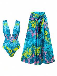 Swim Oasis 1pc Deep V-Neck Blue Floral Print Mesh Maxi Dress, High-End Outfit - Multicolor - View 1
