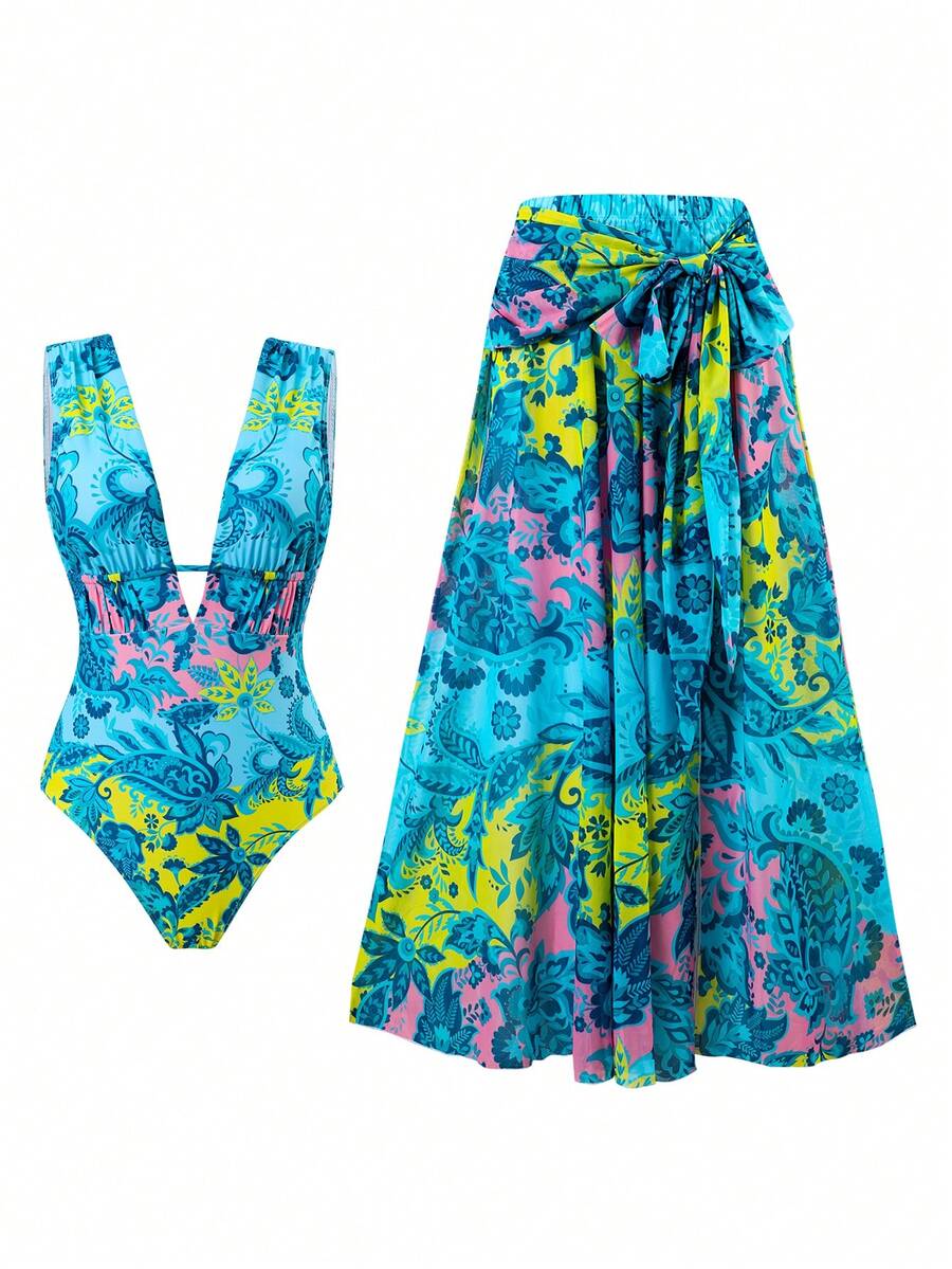 Swim Oasis 1pc Deep V-Neck Blue Floral Print Mesh Maxi Dress, High-End Outfit - Multicolor - View 1