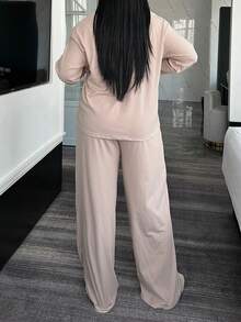 Dazy Plus 2pcs Fashionable Solid Color Loungewear Set, Loose Long Sleeve Shirt Top And Straight Leg Pants, Plus Size Women Spring/Autumn Pajamas - Apricot - View 4