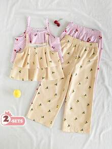 Vintaside Kids 4件套女童休闲迷人吊带背心搭配宽松阔腿裤，粉色和米色，适合日常外出、度假和休闲穿着 - 彩色 - 查看 1