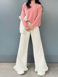 FRIFUL Quần dài nữ cạp chun, chất liệu nhung, phối họa tiết hoa, viền gấu. - trắng - Xem 4