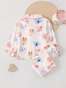 2 pezzi Set pigiama per bambine con cardigan a maniche corte e pantaloncini con stampa di cartoni animali su tutto il capo - Multicolore - Visualizzare 2