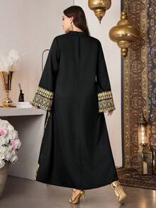 Al Najma Plus Size Women Elegant V-Neck Sequins Pendant Ribbon Beaded Loose Long Dress - Black - View 2