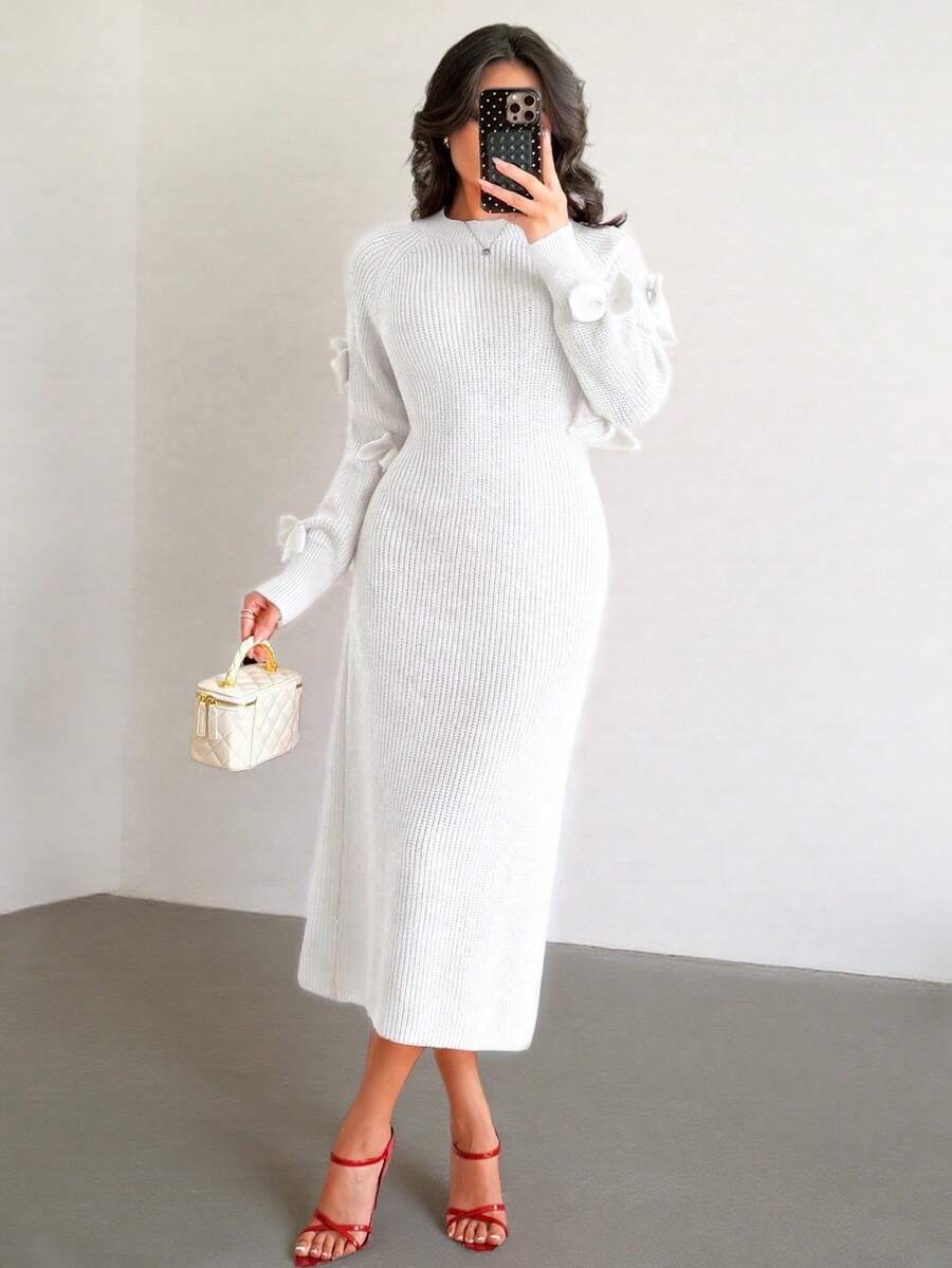 Islaluna Women's Basic Minimalist Fashion Design Bow Elegant French Style Sweater Dress