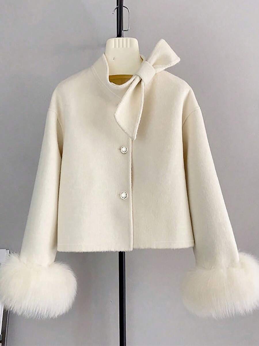 GlowEve 女士优雅纯色大衣，配毛皮袖口和蝴蝶结装饰，秋冬 - 杏色 - 查看 1