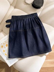 SHEIN Chân váy xếp ly denim màu xanh đậm dành cho bé gái tuổi teen, thiết kế eo thoải mái, đa năng. - Màu xanh lam - Xem 2