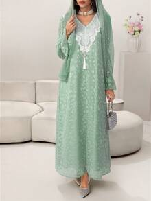 SHEIN Najma V领花卉拼接镂空灯笼袖喇叭下摆女士阿拉伯连衣裙 - 綠色 - 查看 5