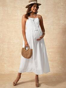 孕妇度假刺绣镂空流苏系带休闲吊带裙 - 白色 - 查看 9