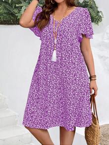 EMERY ROSE Plus Size Women's Summer Ditsy Floral Ruffle Sleeve Holiday Dress, Summer Dresses - Mauve Purple - View 4