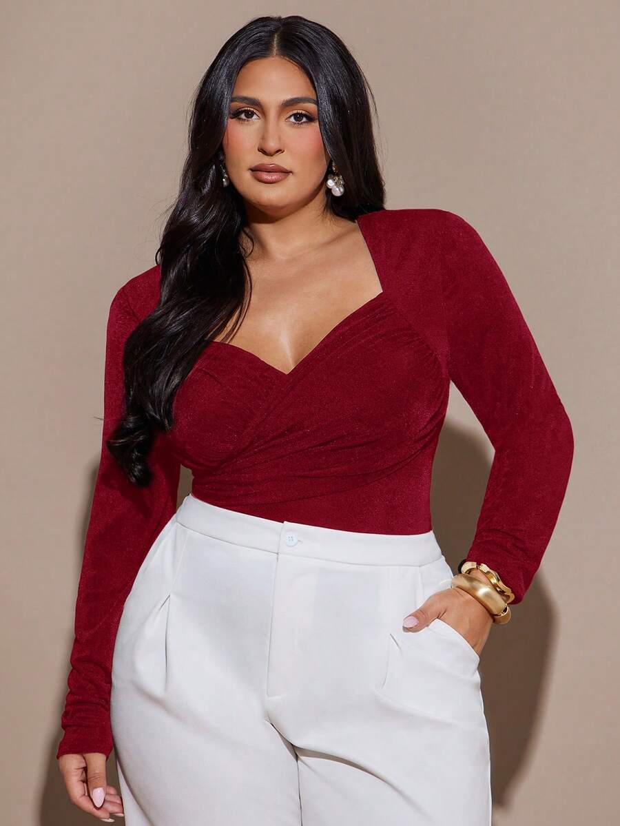 SHEIN BAE Plus Size Women's Black Long Sleeve Crossover Neck Ruched Bodysuit - Burgundy - View 1