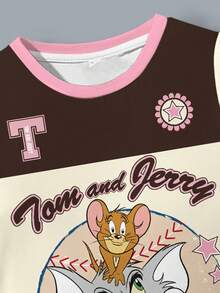 TOM & JERRY X SHEIN Young Girl Casual Colorblock Cat Print Short Sleeve Dress, Summer - White - View 3